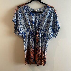CAbi #891 Blue and Orange Floral Blouse, dolman sleeve tunic, size S